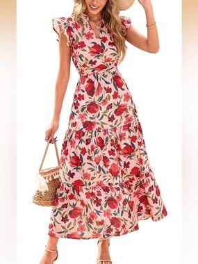 Pretty Garden Floral Boho Tiered Midi Dress Ruffled Cap Sleeves Pockets Large